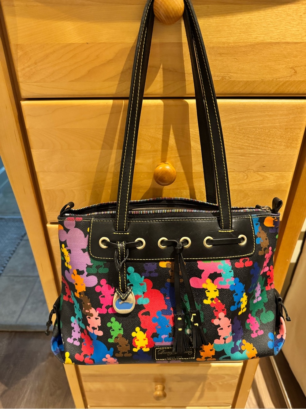 Dooney & Bourke Black Multicolor Teddy Bear Print Drawstring Shoulder Bag